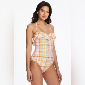 Bleu Rod Beattie Hip to Be Square Shirred
Ruffle Bandeau One-Piece Plaid Swim 8